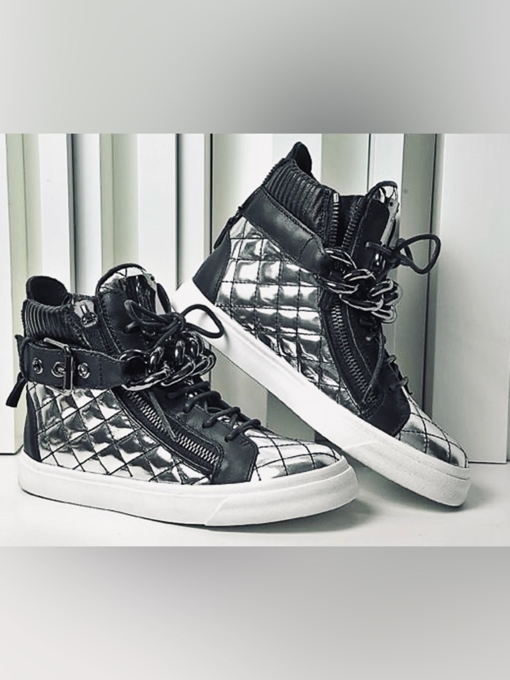 Giuseppe Zannotti Quilted Metallic High-Top Sneakers - Silver and Black